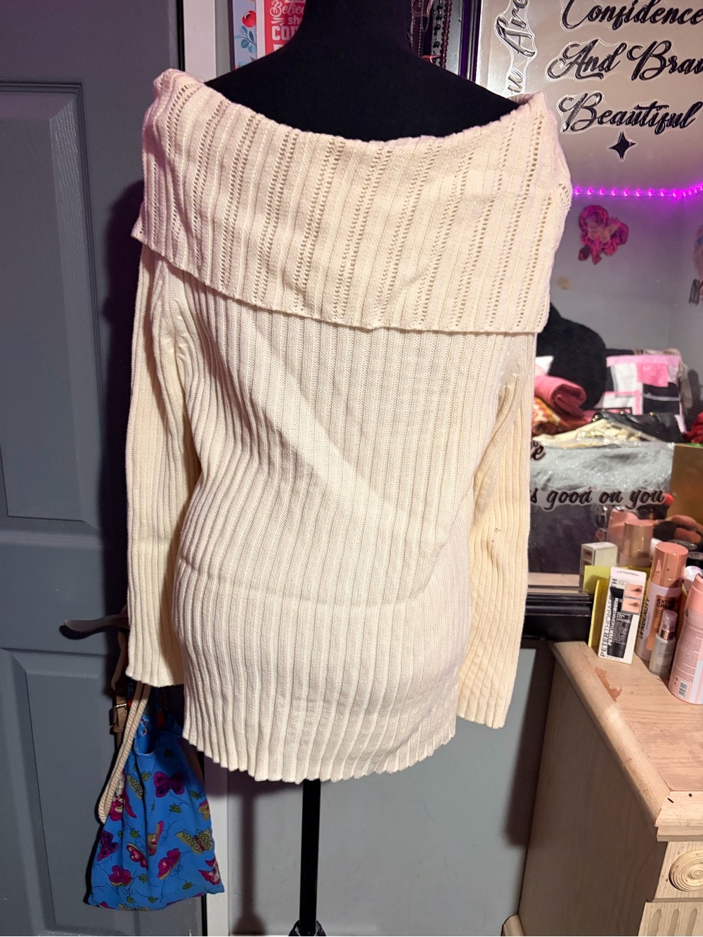 Gitano Cream Off-Shoulder Ribbed Button Sweater - Picture 3 of 5